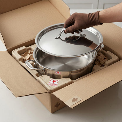 Tramontina Signature 3 Qt Braiser tri-ply construction infographic with Fast Canadian Shipping badge.
