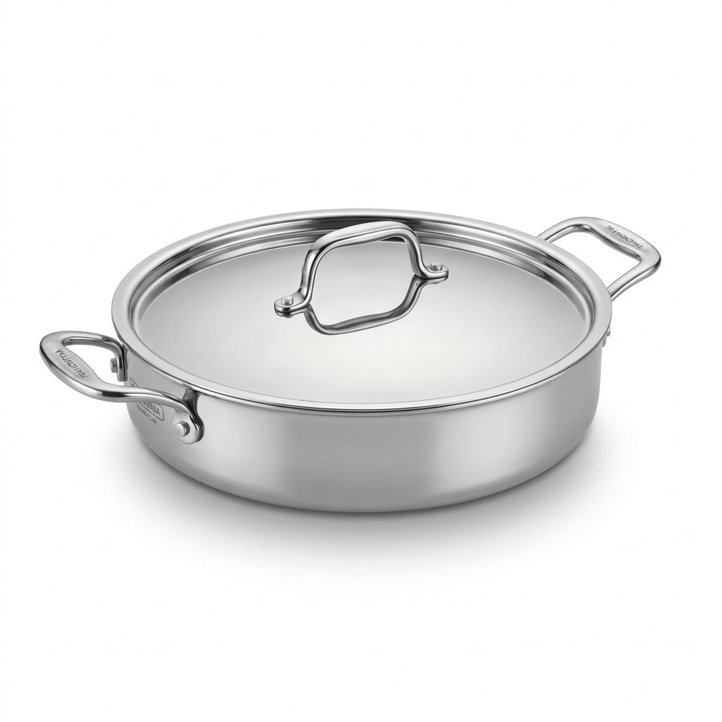 Tramontina Signature 6 Qt Tri-Ply Clad Covered Braiser front view on white background.
