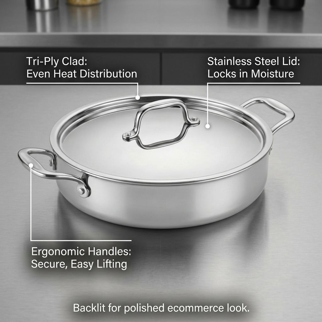 Tramontina Signature 6 Qt Braiser feature callout highlighting ergonomic handles and moisture-locking lid.
