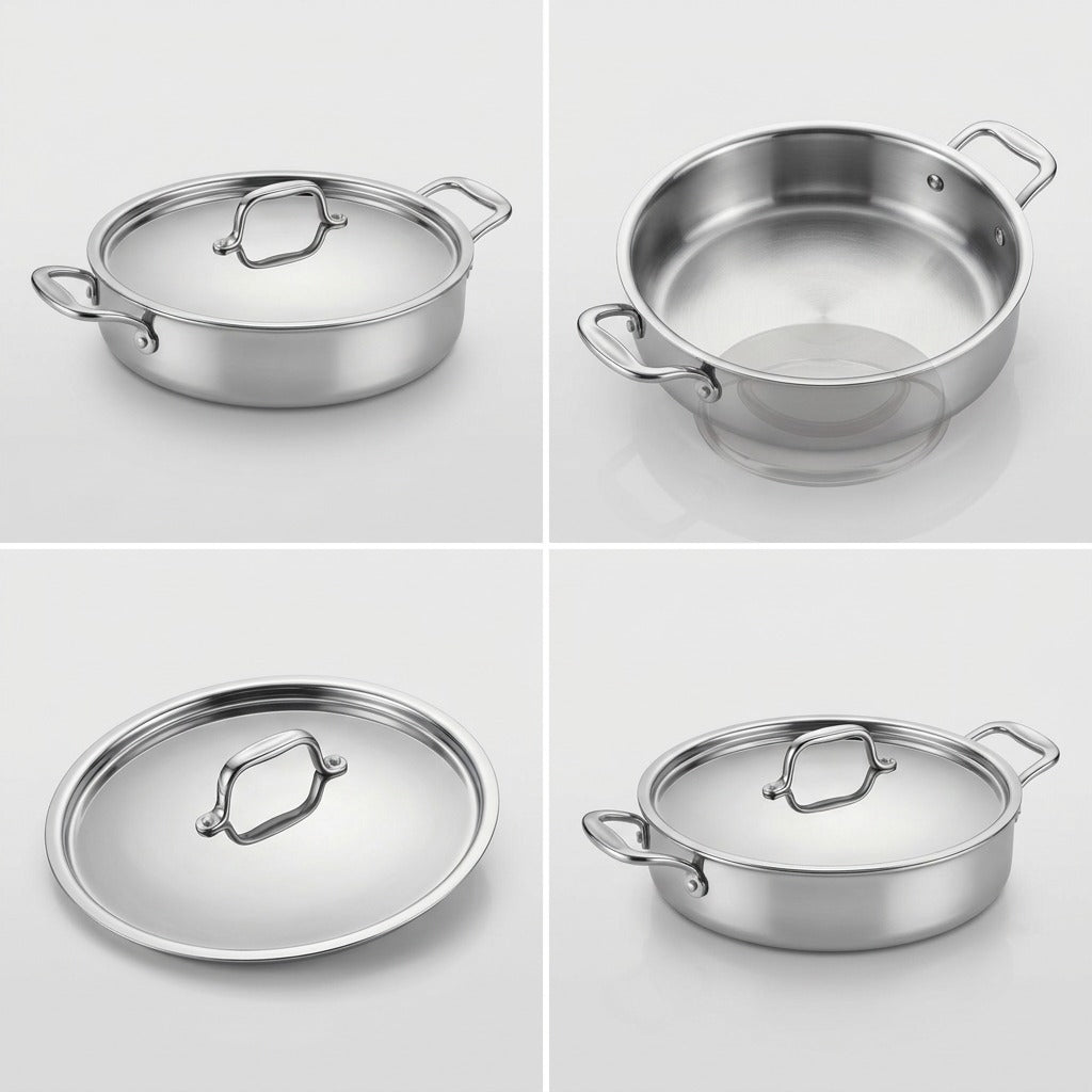 Multi-angle view of the Tramontina Signature 6 Qt Braiser showing lid, interior, and handles.
