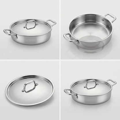 Multi-angle view of the Tramontina Signature 6 Qt Braiser showing lid, interior, and handles.
