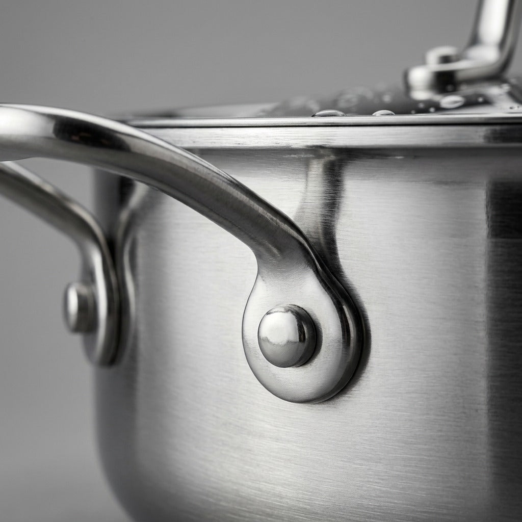Close-up of the Tramontina Signature 6 Qt Braiser riveted handle and brushed stainless steel finish.
