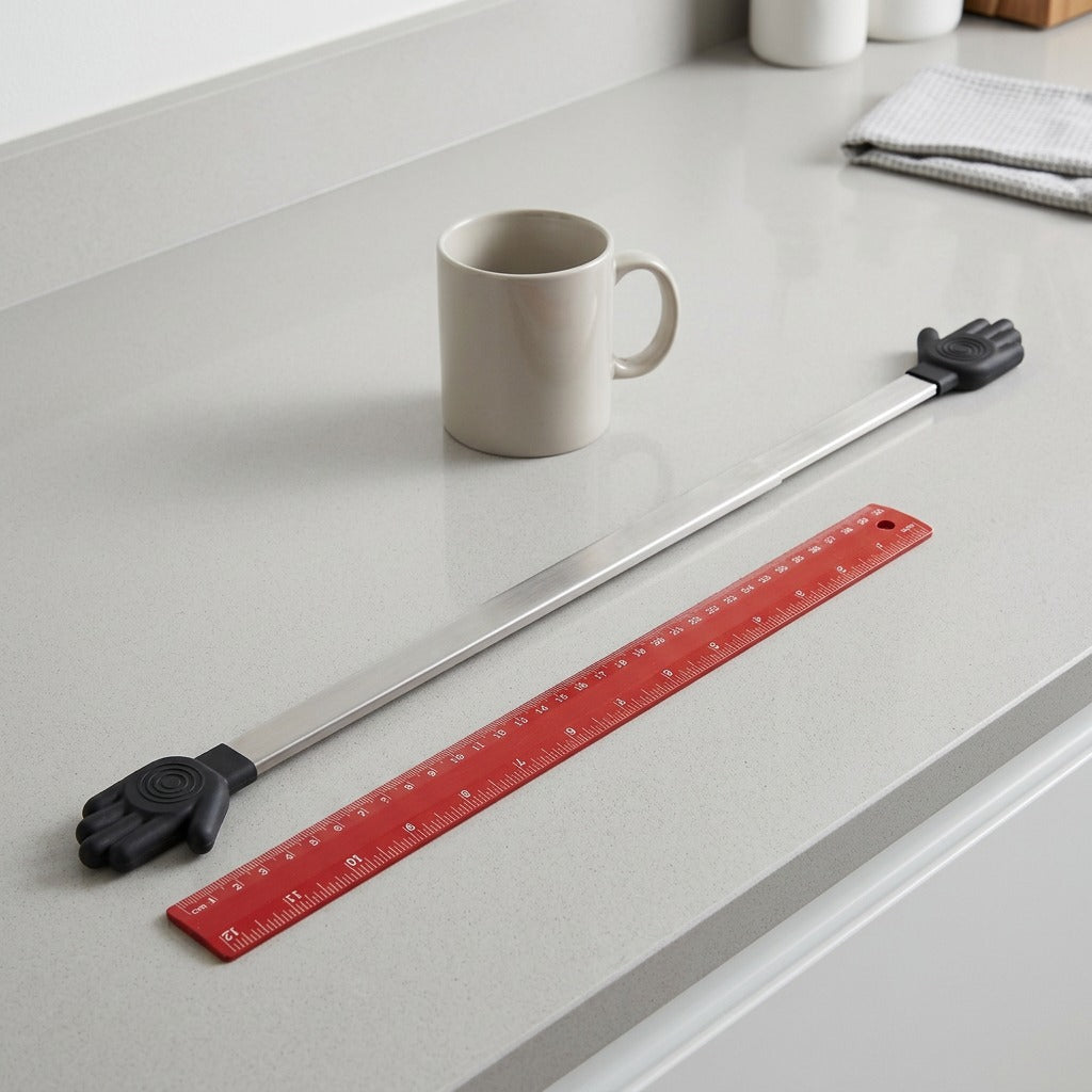 Happy Sinks Wunderbar over-sink bar size reference with ruler and mug
