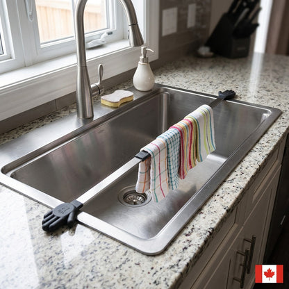 Happy Sinks Wunderbar over-sink bar holding dish towels in kitchen lifestyle shot
