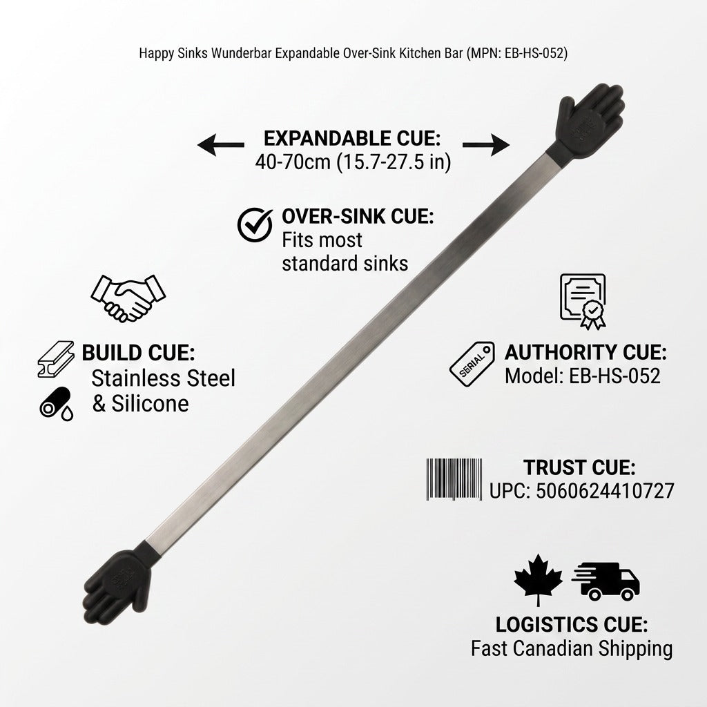 Happy Sinks Wunderbar 40-70cm stainless steel features and Canadian shipping infographic
