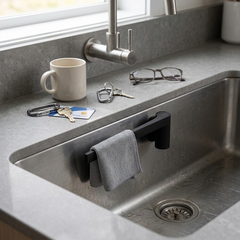 Happy Sinks Magnetic Dishcloth Holder Black size reference in kitchen sink
