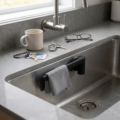 Happy Sinks Magnetic Dishcloth Holder Black size reference in kitchen sink
