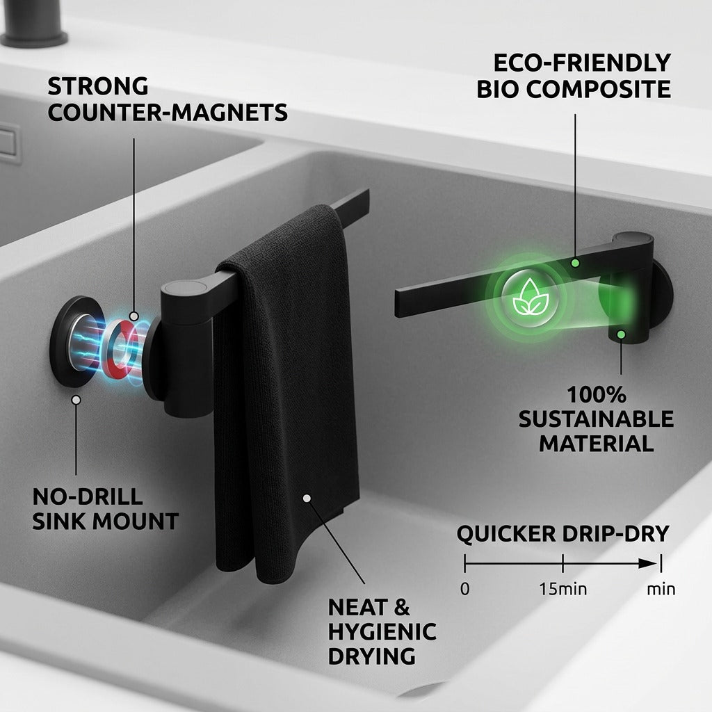 Happy Sinks Magnetic Dishcloth Holder Black sustainable bio-composite and no-drill magnetic mount callout
