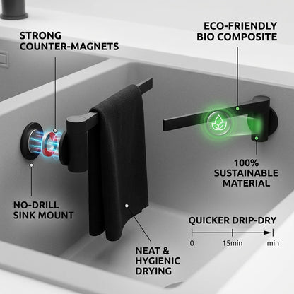 Happy Sinks Magnetic Dishcloth Holder Black sustainable bio-composite and no-drill magnetic mount callout
