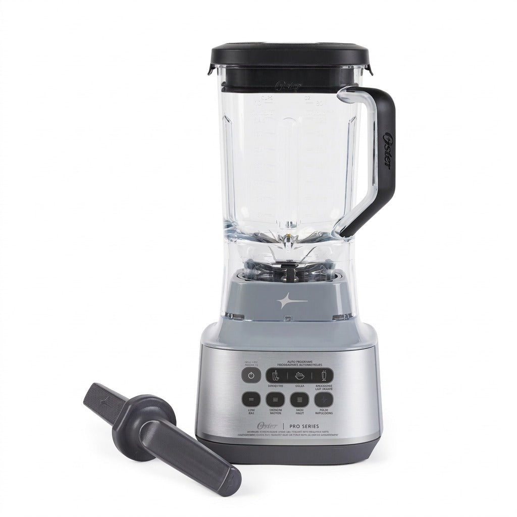 Oster 2186673 XL Pro Series Blender with 9-cup Tritan jar, silver base, and tamper on white background.