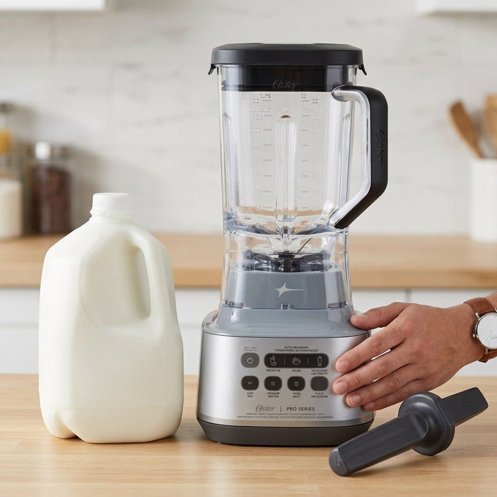 Scale comparison of the Oster 2186673 XL Professional Blender beside a standard gallon milk jug.