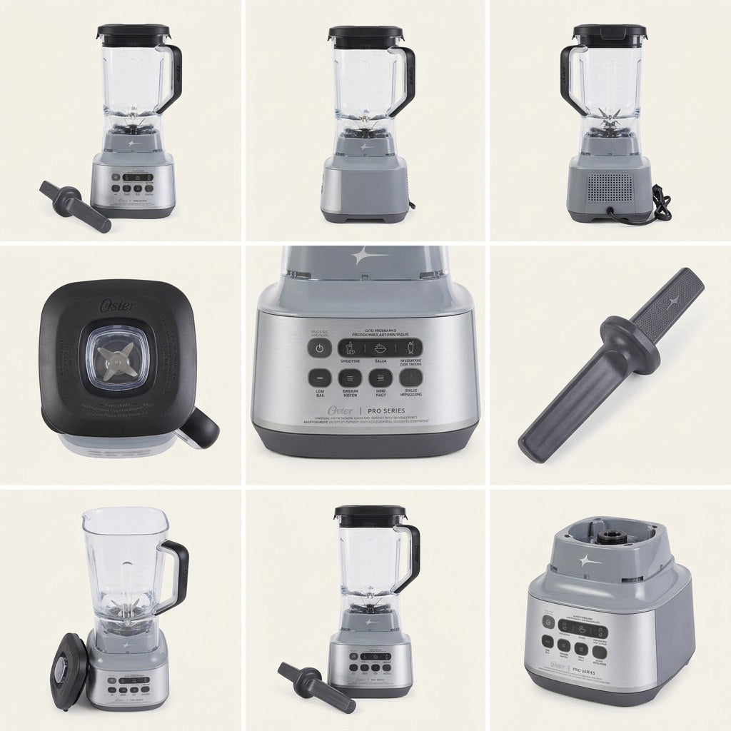 Grid showing multiple angles of the Oster XL Professional Blender, control panel, and tamper tool.