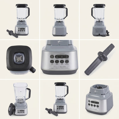 Grid showing multiple angles of the Oster XL Professional Blender, control panel, and tamper tool.