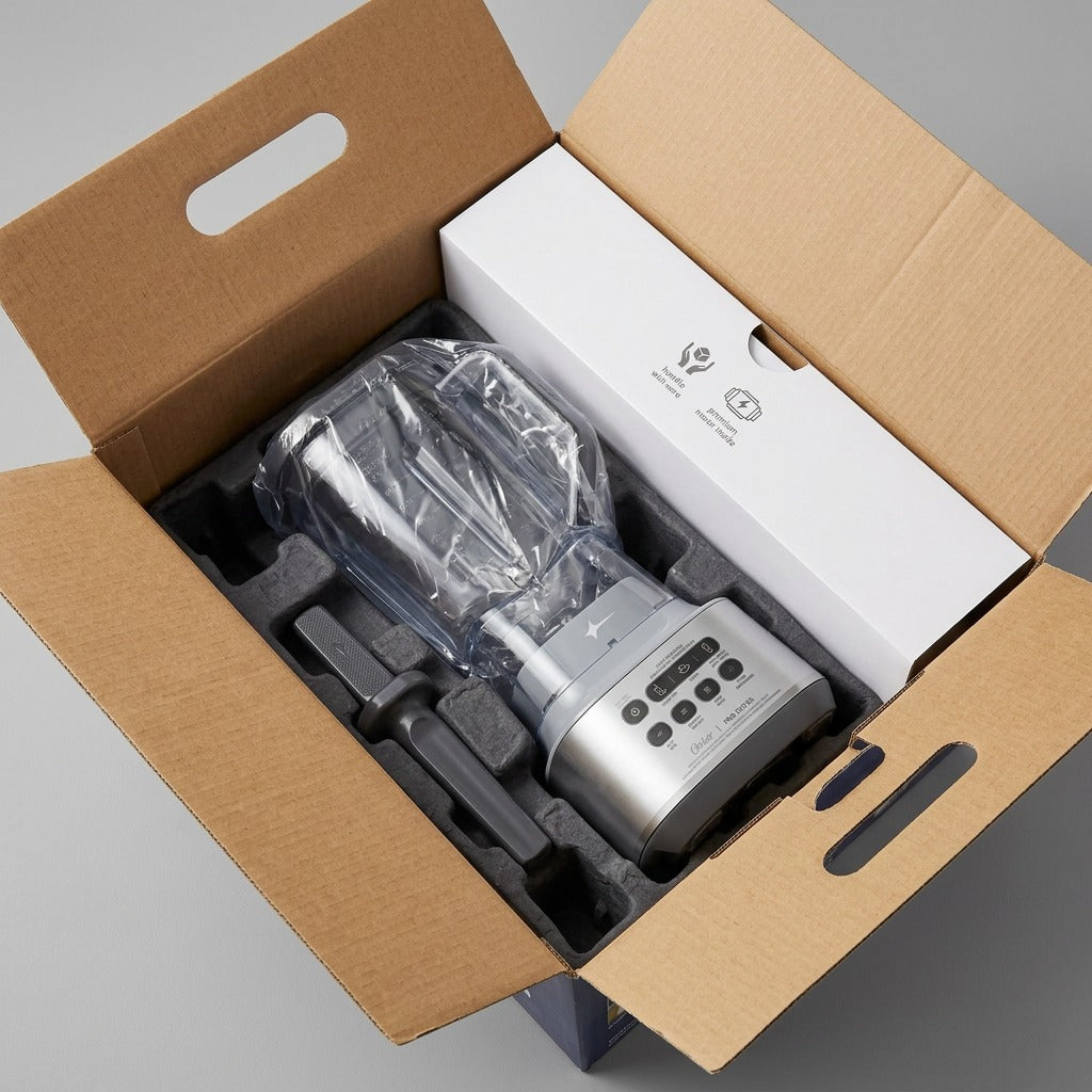 Oster XL Professional Blender securely packed in an open shipping box with protective inserts.