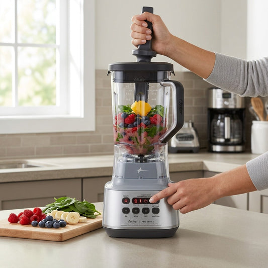 Oster XL Professional Blender in a bright kitchen being used to blend a fruit and spinach smoothie.
