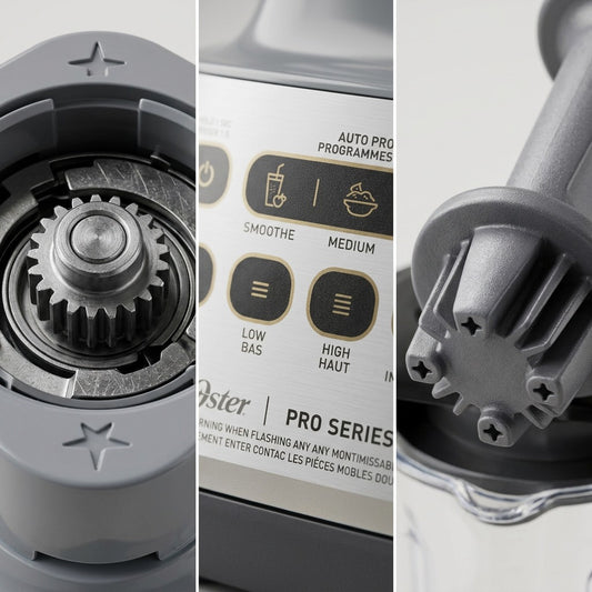 Macro detail of Oster XL blender metal drive gear, control panel with settings, and jar connector.