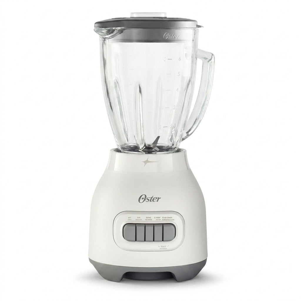 Oster 2169693 smoothie blender featuring a white motor base and 6-cup glass jar on a white background.