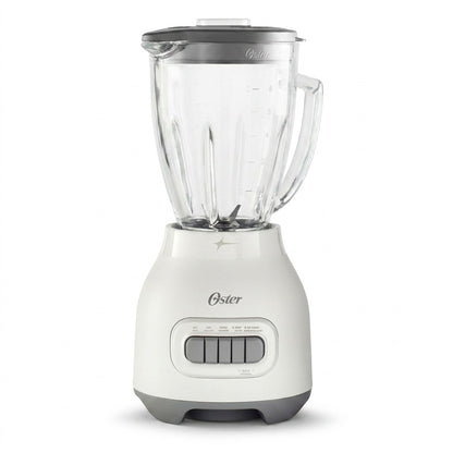Oster 2169693 smoothie blender featuring a white motor base and 6-cup glass jar on a white background.