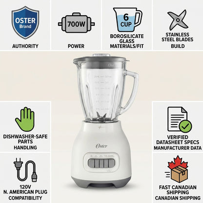 Oster Smoothie Blender infographic showing 700W power, 6-cup glass jar, and fast Canadian shipping.