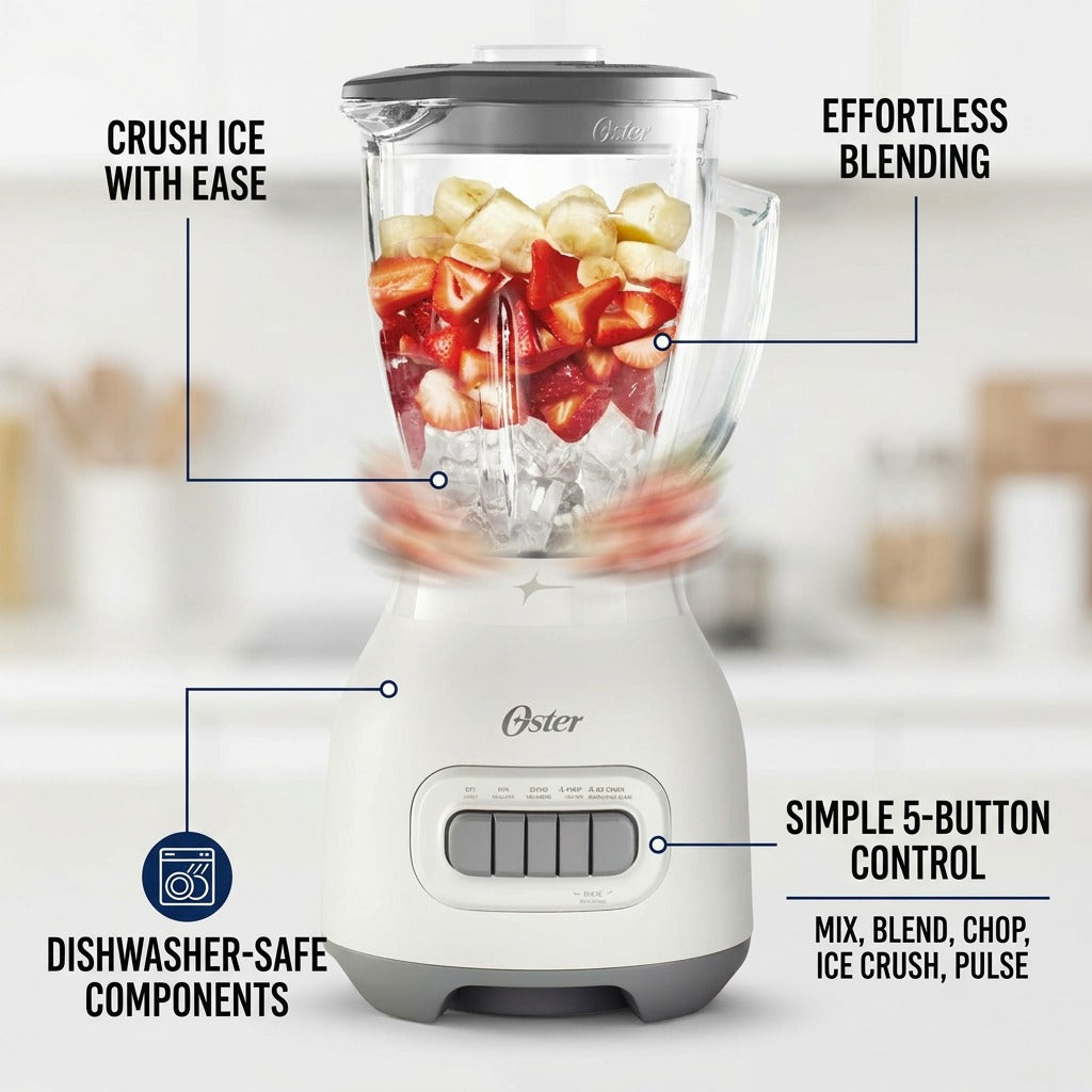 Oster Smoothie Blender features callout showing ice crushing, 5-button control, and glass jar.