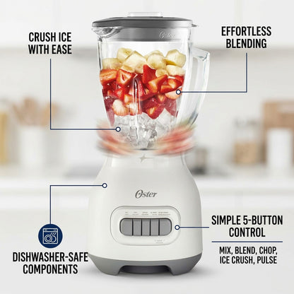 Oster Smoothie Blender features callout showing ice crushing, 5-button control, and glass jar.