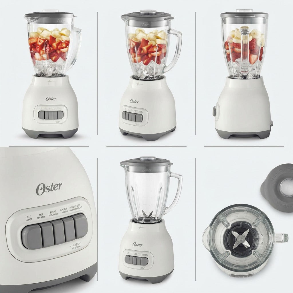 Grid of the Oster 2169693 smoothie blender from various angles, showing glass jar and control panel.