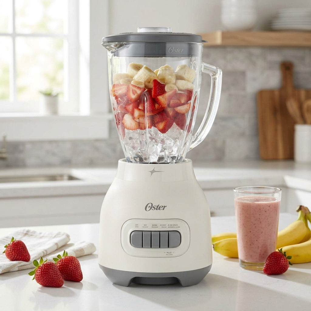 Oster 2169693 smoothie blender with a 6-cup glass jar filled with fresh fruit on a kitchen counter.