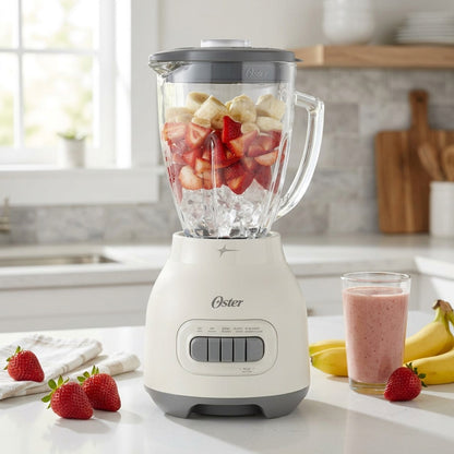 Oster 2169693 smoothie blender with a 6-cup glass jar filled with fresh fruit on a kitchen counter.