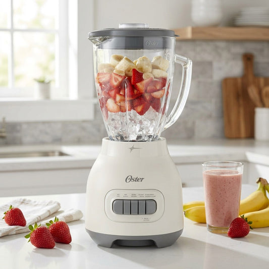 Oster 2169693 smoothie blender with a 6-cup glass jar filled with fresh fruit on a kitchen counter.