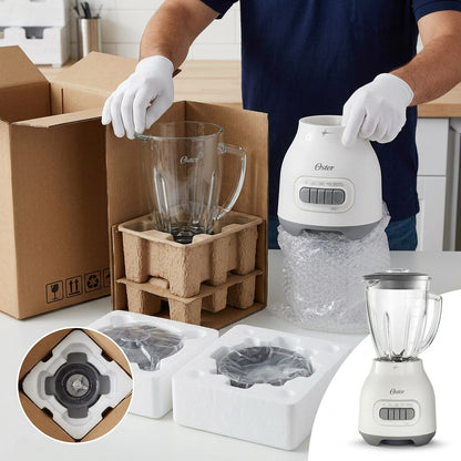 A person in white gloves unboxing an Oster 2169693 blender with protective cardboard and foam.