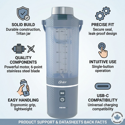 Trust infographic for Oster GoMAX blender with features and Fast Canadian Shipping logo.