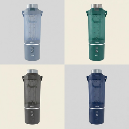 A PDP-style visual matrix displaying four Oster GoMAX Portable Blenders in different orientations against soft grey backgrounds.