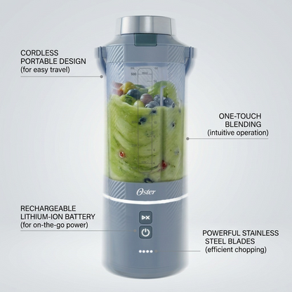 Feature callout infographic of the Oster GoMAX Portable Blender highlighting cordless design, ease of use, and efficient blending.