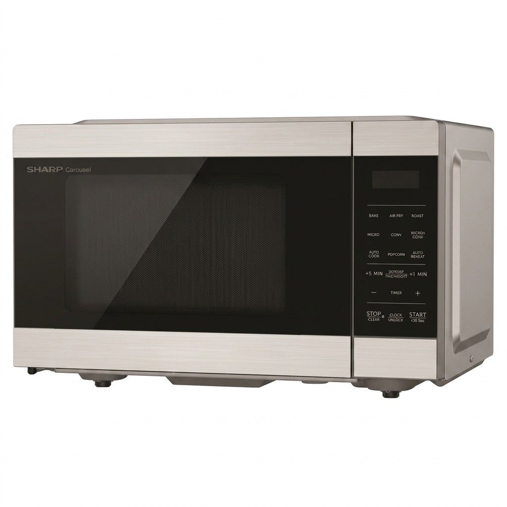Sharp SMC0985KSC 3-in-1 Microwave Air Fryer and Convection Oven in brushed stainless steel.