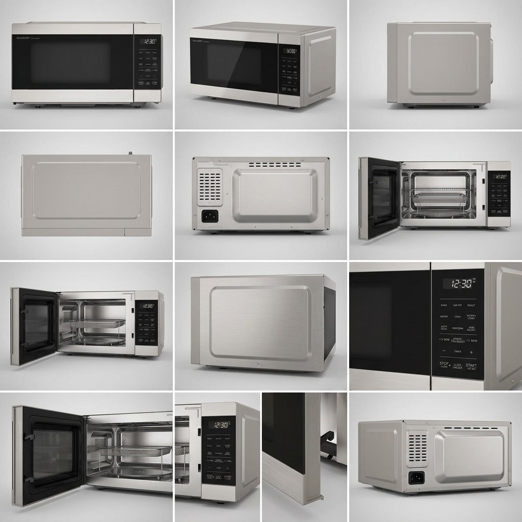 Grid showing Sharp SMC0985KSC 3-in-1 Microwave Air Fryer from multiple exterior and interior angles.