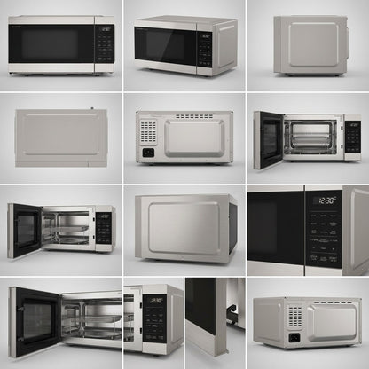 Grid showing Sharp SMC0985KSC 3-in-1 Microwave Air Fryer from multiple exterior and interior angles.