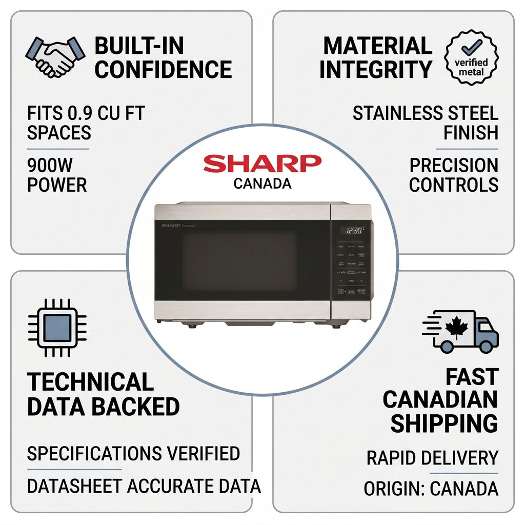 Sharp Canada 3-in-1 Microwave Air Fryer infographic highlighting stainless steel and fast shipping.
