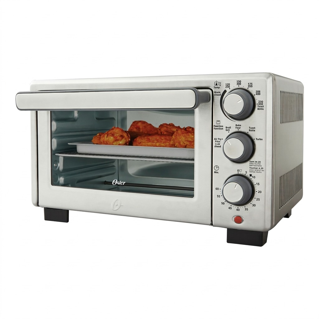 Oster Compact Countertop Oven with Air Fryer in stainless steel, shown cooking food on a white background.