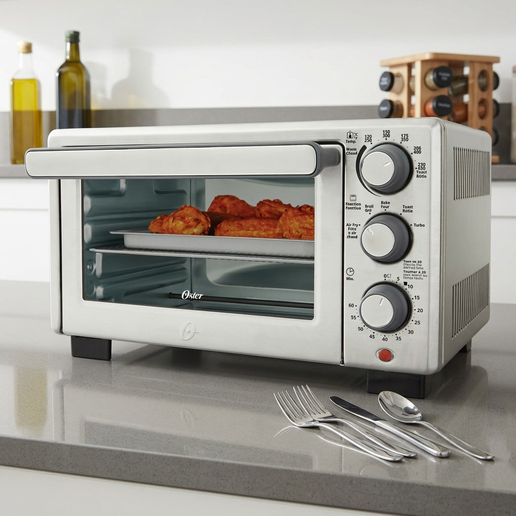 Stainless steel Oster Pro Compact Countertop Oven next to silverware to show its small footprint.