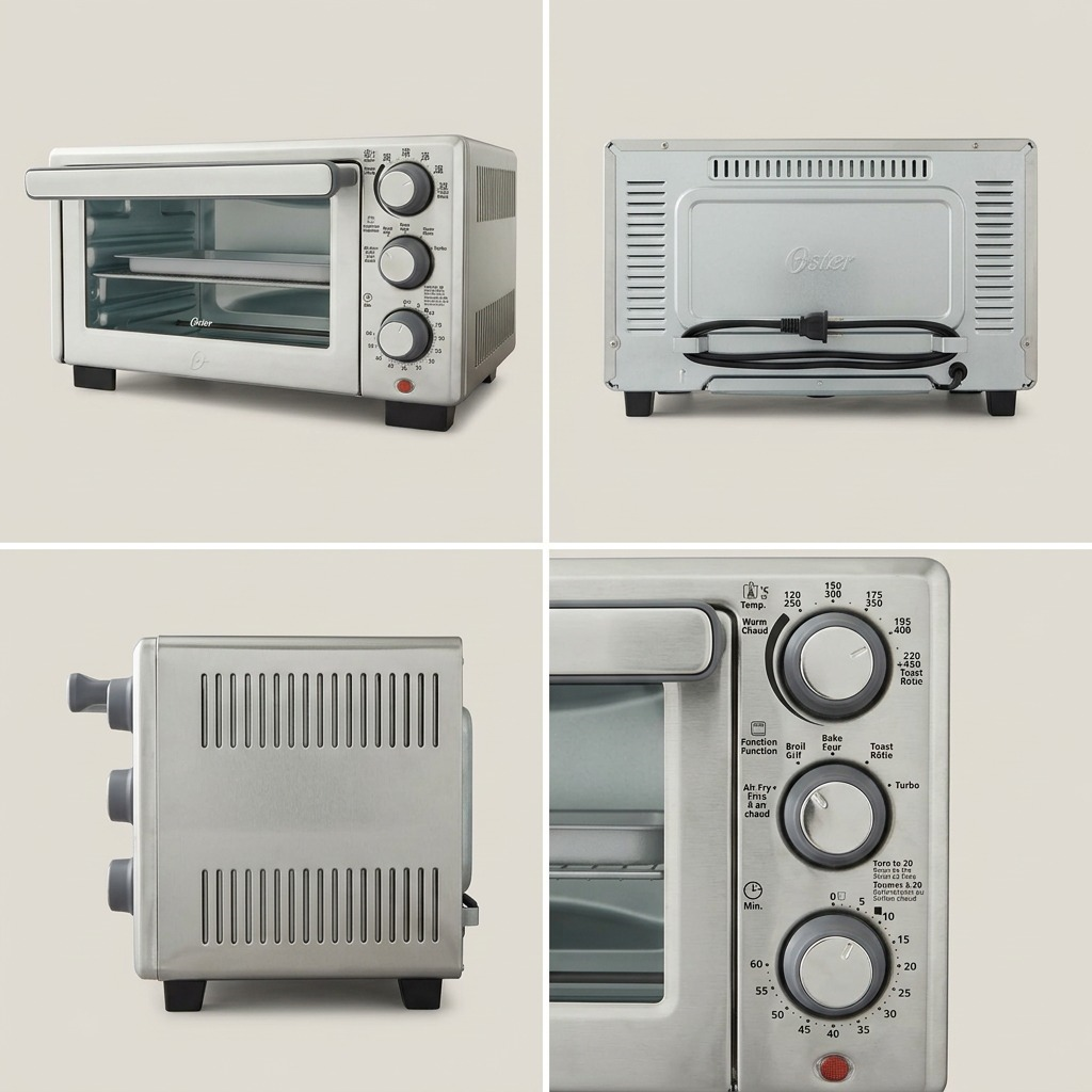 A four-panel grid showing front, back, side, and control dial views of the Oster Pro Countertop Oven.