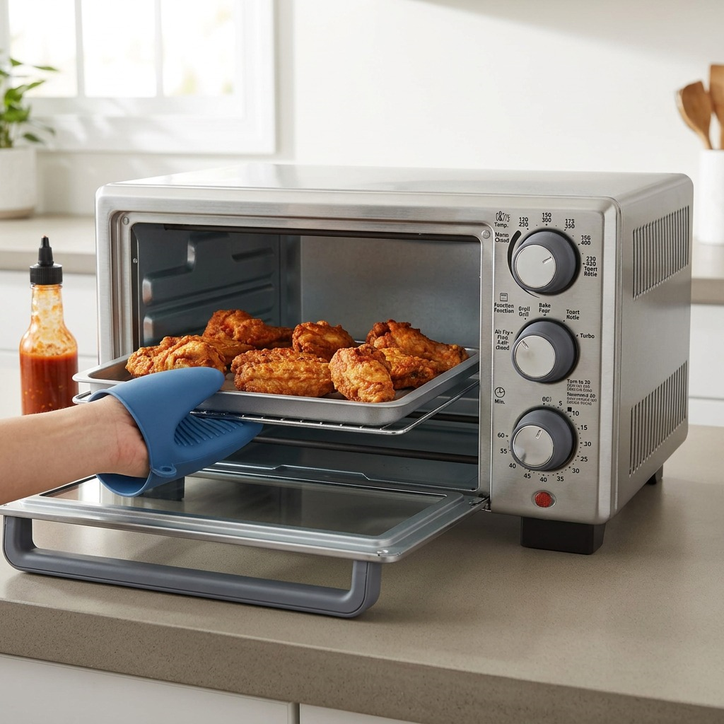 Removing a tray of crispy chicken wings from an Oster Pro Compact Countertop Oven with Air Fryer.