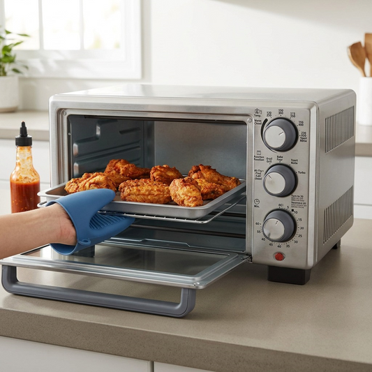 Removing a tray of crispy chicken wings from an Oster Pro Compact Countertop Oven with Air Fryer.