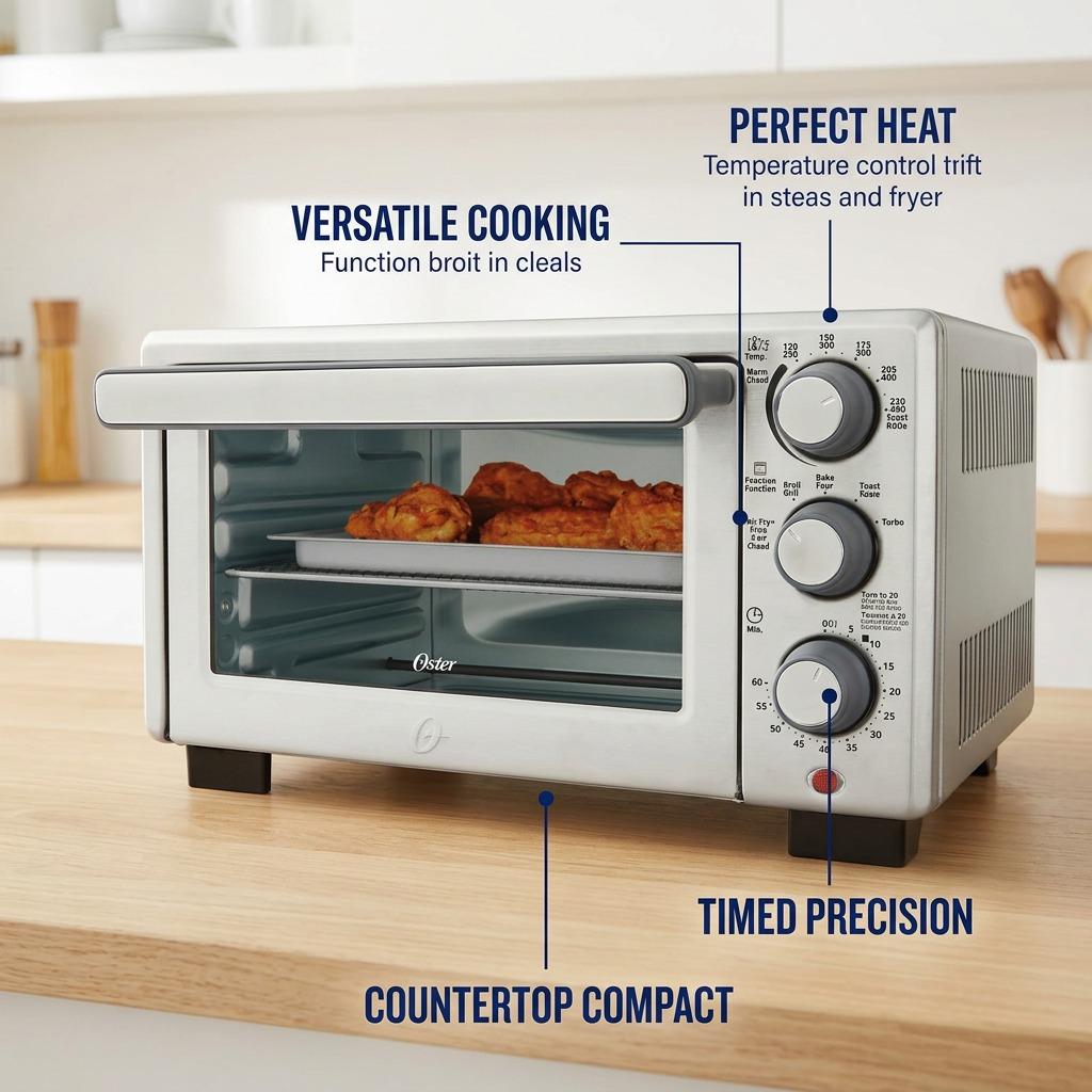 Oster Pro Compact Countertop Oven with feature callouts for temperature control and air frying.