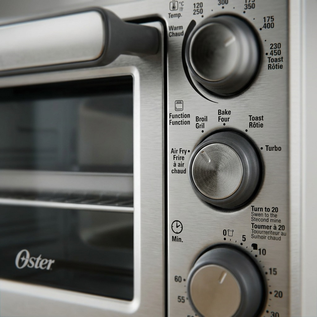 Close-up of the stainless steel control panel of an Oster Compact Air Fryer Countertop Oven.