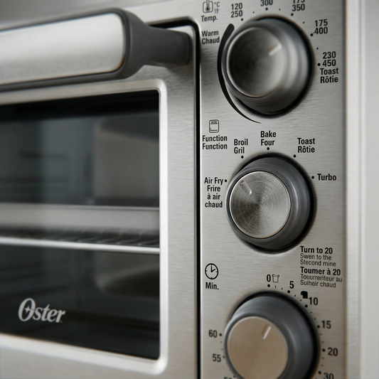 Close-up of the stainless steel control panel of an Oster Compact Air Fryer Countertop Oven.