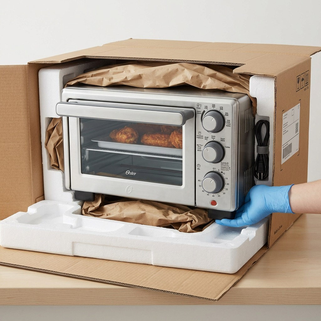 Oster Compact Countertop Oven secured with protective foam and paper inside a shipping box.
