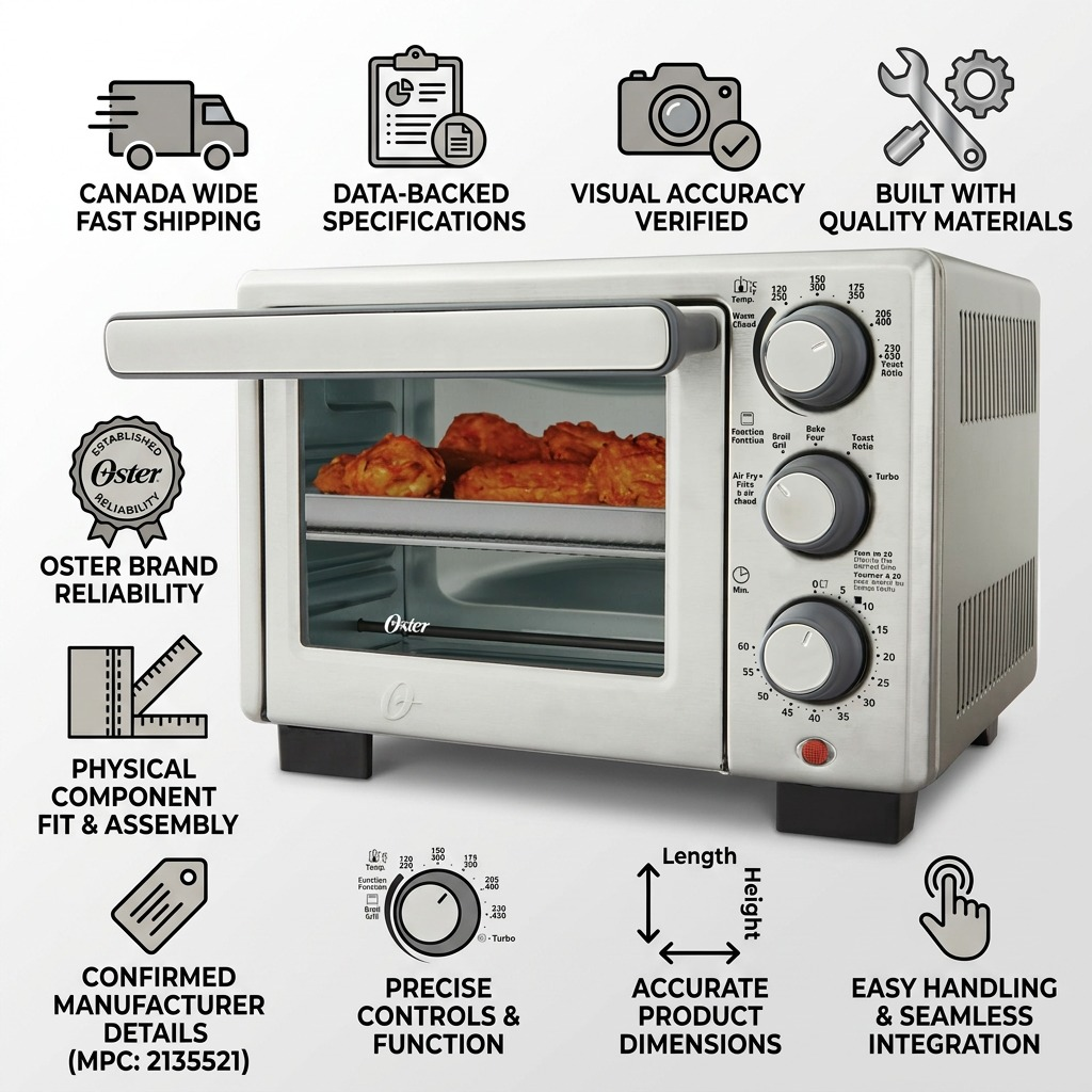 Oster Compact Countertop Oven with Air Fryer infographic highlighting verified specs and fast Canada shipping.