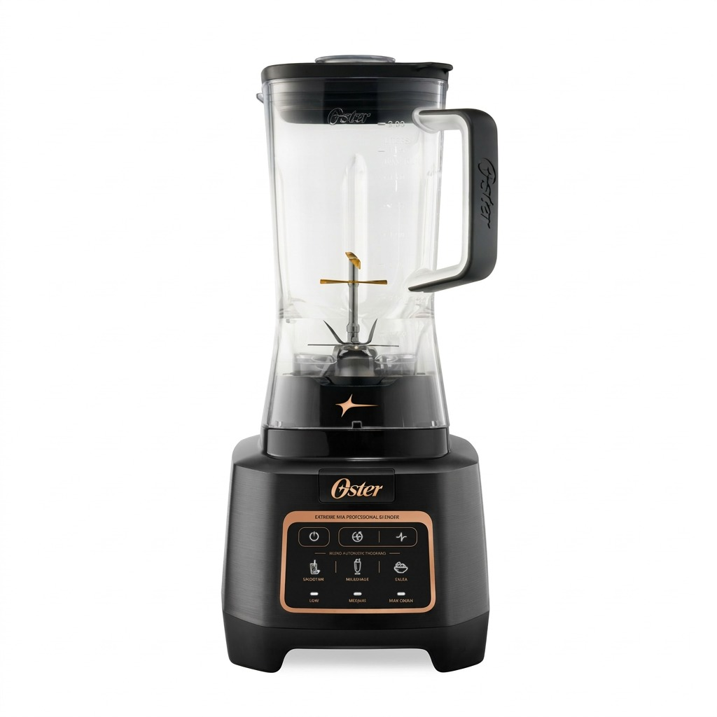 Oster Extreme Mix Professional Blender with black base, clear 64oz jar, and metallic gold accents.