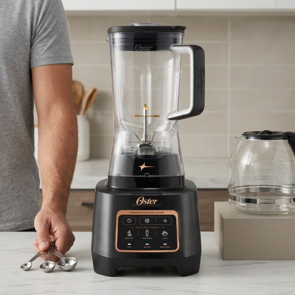 Oster Extreme Mix Professional Blender shown on a kitchen counter next to a person for scale.