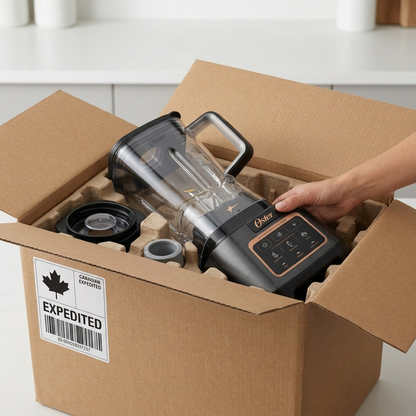 Unboxing an Oster Extreme Mix Professional Blender from a cardboard box with expedited shipping.